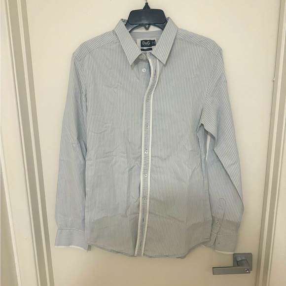 Dolce & Gabbana White with Subtle Blue Stripe Spread Collar Dress Shirt
